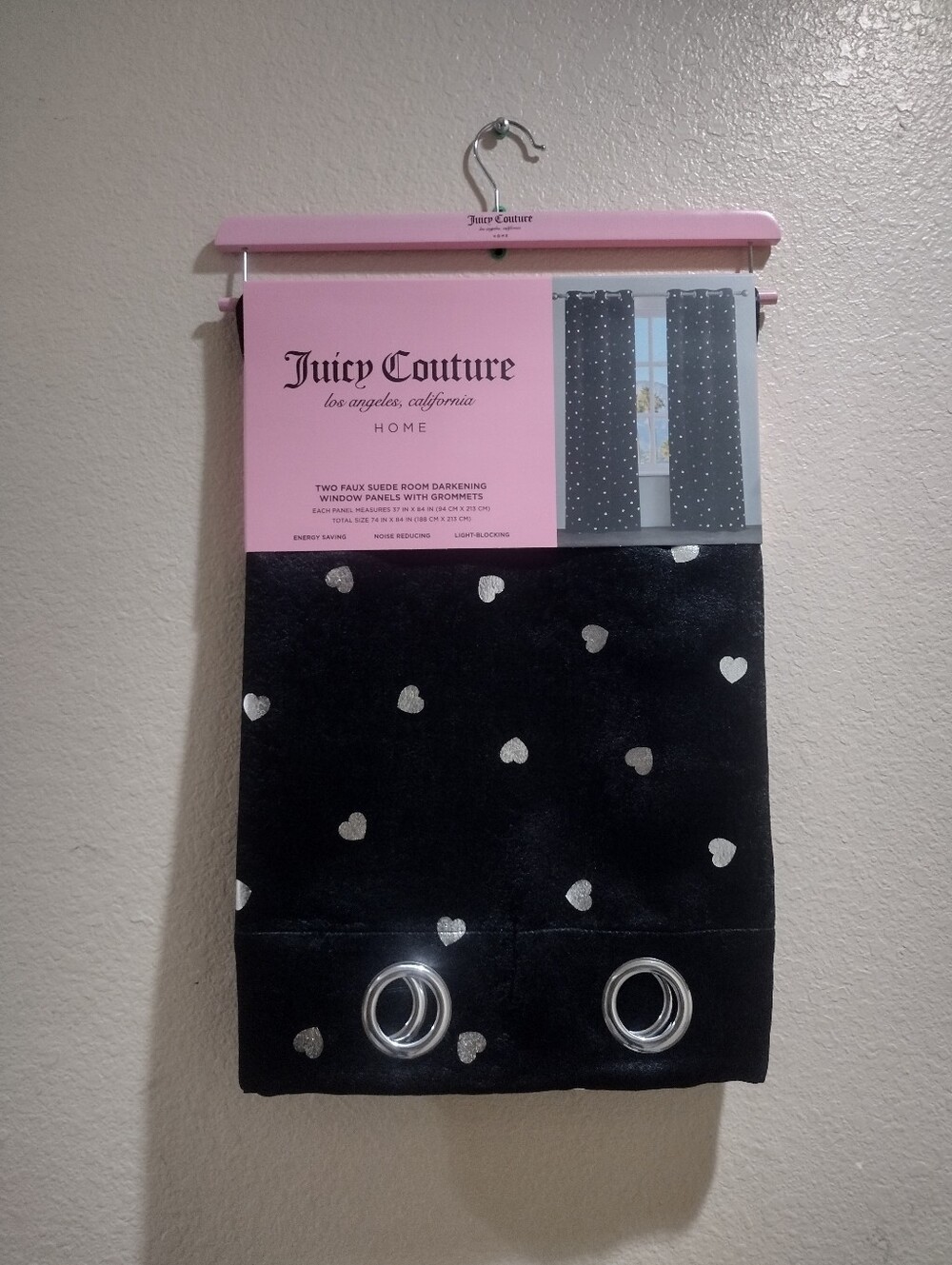 JUICY COUTURE WINDOW CURTAIN BLACK SILVER HEARTS JUICY COUTURE WINDOW PANEL SET